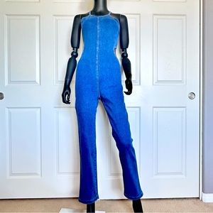 Denim jumpsuit cut out strap cross Stretch back open Blue jeans size S USA